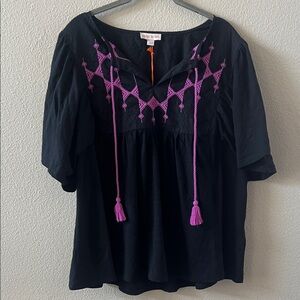 Knox Rose Black Top with Pink Embroidery
